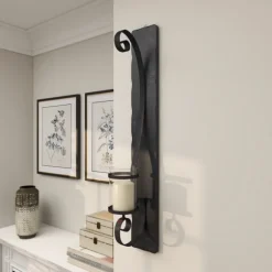 Kirkland's Home Sconces-Distressed Black Scrolled Metal Sconce