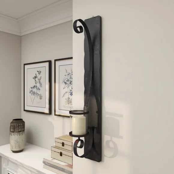 Kirkland's Home Sconces-Distressed Black Scrolled Metal Sconce