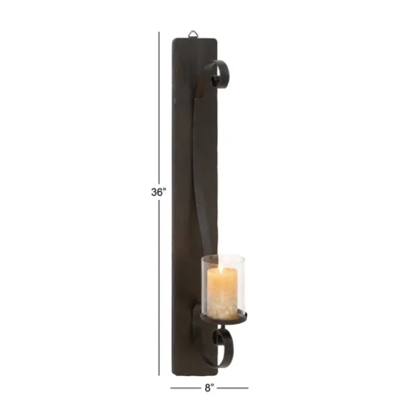 Kirkland's Home Sconces-Distressed Black Scrolled Metal Sconce