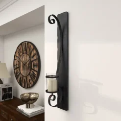 Kirkland's Home Sconces-Distressed Black Scrolled Metal Sconce