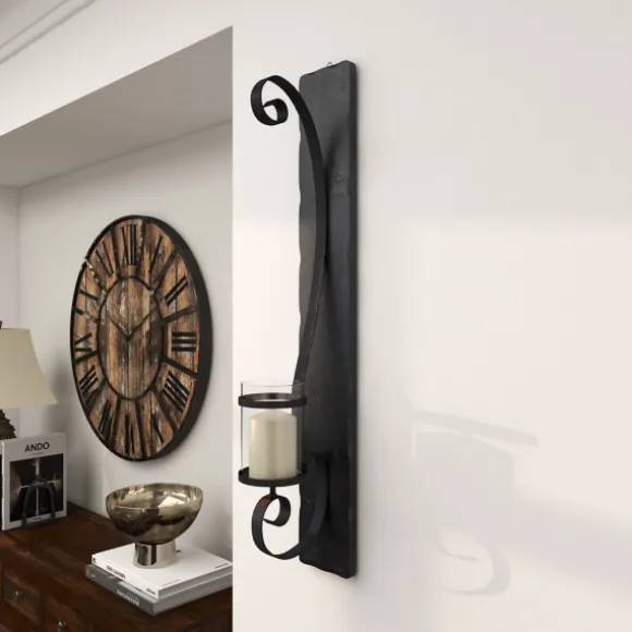 Kirkland's Home Sconces-Distressed Black Scrolled Metal Sconce