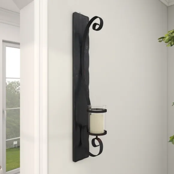 Kirkland's Home Sconces-Distressed Black Scrolled Metal Sconce