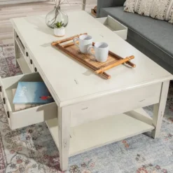 Kirkland's Home Coffee Tables-Distressed Cream Wood 3-Drawer Coffee Table