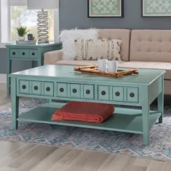 Kirkland's Home Coffee Tables-Distressed Turquoise Wood 3-Drawer Coffee Table