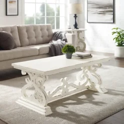 Kirkland's Home Coffee Tables-Distressed White Scrollwork Base Coffee Table