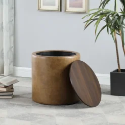 Kirkland's Home Benches & Ottomans-Faux Leather Wood Top Storage Ottoman