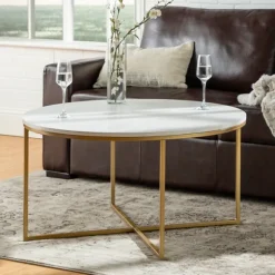 Kirkland's Home Coffee Tables-Faux Marble & Gold X-Base Coffee Table