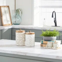 Kirkland's Home Decorative Bowls & Jars-Floral Jars With Wood Lids, Set Of 2