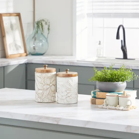 Kirkland's Home Decorative Bowls & Jars-Floral Jars With Wood Lids, Set Of 2