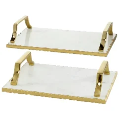 Kirkland's Home Decorative Trays-Gilded White Ceramic Trays, Set Of 2