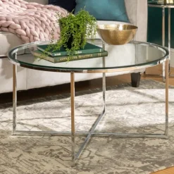 Kirkland's Home Coffee Tables-Glass & Chrome X-Base Coffee Table