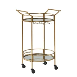 Kirkland's Home Kitchen Islands & Bar Carts-Gold Metal Frame Bar Cart With Mirrored Shelves
