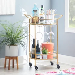 Kirkland's Home Kitchen Islands & Bar Carts-Gold Metal Frame Bar Cart With Mirrored Shelves