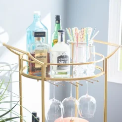 Kirkland's Home Kitchen Islands & Bar Carts-Gold Metal Frame Bar Cart With Mirrored Shelves