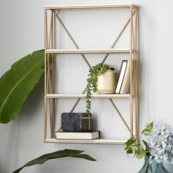 Kirkland's Home Shelves-Gold X-Frame Daisy White Wood Wall Shelf