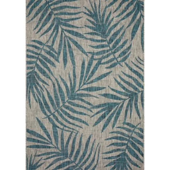 Kirkland's Home Outdoor Rugs-Gray And Aqua Palm Leaves Outdoor Area Rug, 5X7