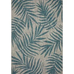 Kirkland's Home Outdoor Rugs-Gray And Aqua Palm Leaves Outdoor Area Rug, 7X10