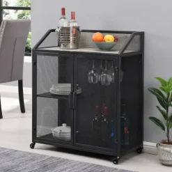 Kirkland's Home Kitchen Islands & Bar Carts-Gray And Black Mesh 2-Door Bar Cart