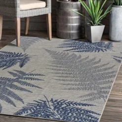 Kirkland's Home Outdoor Rugs-Gray And Navy Falling Ferns Outdoor Area Rug, 5X7