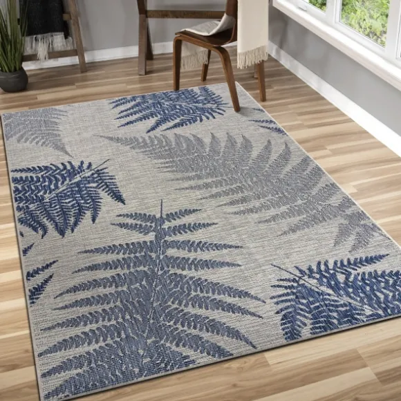Kirkland's Home Outdoor Rugs-Gray And Navy Falling Ferns Outdoor Area Rug, 5X7