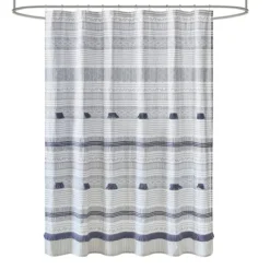 Kirkland's Home Shower Curtains-Gray And Navy Striped Fringe Shower Curtain
