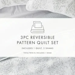 Kirkland's Home Quilts-Gray Damask Reversible 3-Pc. Queen Quilt Set