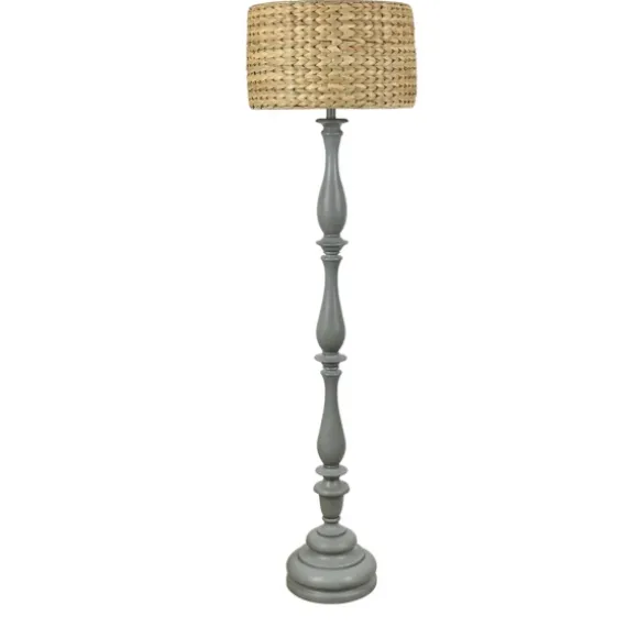 Kirkland's Home Floor Lamps-Gray Resin Floor Lamp With Hand Woven Raffia Shade