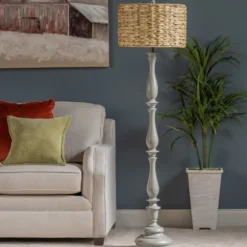 Kirkland's Home Floor Lamps-Gray Resin Floor Lamp With Hand Woven Raffia Shade