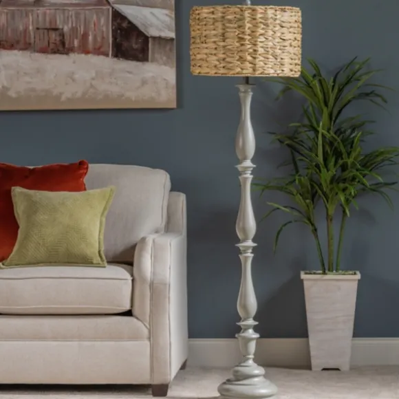 Kirkland's Home Floor Lamps-Gray Resin Floor Lamp With Hand Woven Raffia Shade