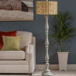 Kirkland's Home Floor Lamps-Gray Resin Floor Lamp With Hand Woven Raffia Shade