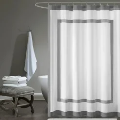Kirkland's Home Shower Curtains-Gray Square Trim Cotton Shower Curtain