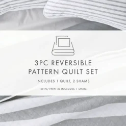 Kirkland's Home Quilts-Gray Striped Reversible 3-Pc. King Quilt Set