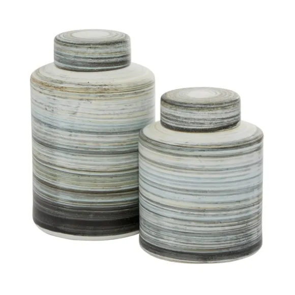 Kirkland's Home Decorative Bowls & Jars-Gray Striped Stoneware Jars With Lids, Set Of 2