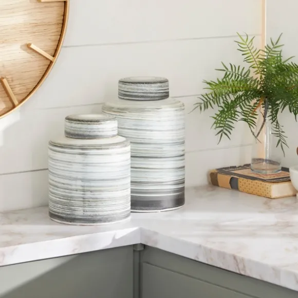 Kirkland's Home Decorative Bowls & Jars-Gray Striped Stoneware Jars With Lids, Set Of 2