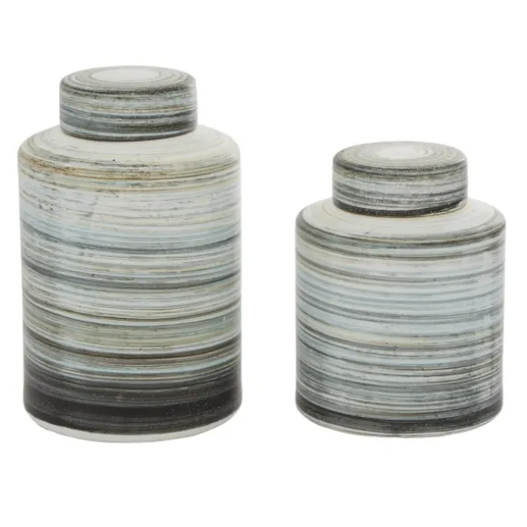 Kirkland's Home Decorative Bowls & Jars-Gray Striped Stoneware Jars With Lids, Set Of 2
