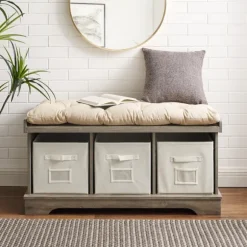 Kirkland's Home Benches & Ottomans-Gray Wash Entryway Bench And Storage Bins