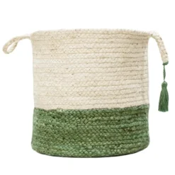 Kirkland's Home Baskets & Boxes-Green And Cream Woven Basket With Tassel, 17 In.