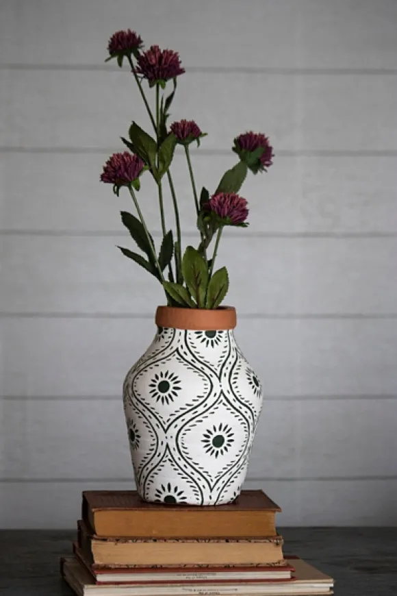 Kirkland's Home Vases-Green And White Floral Terracotta Vase