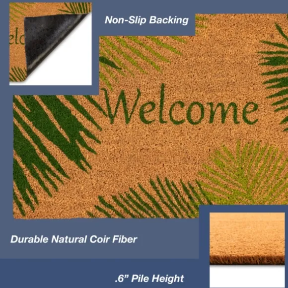 Kirkland's Home Doormats-Green Palm Fronds Welcome Coir Doormat