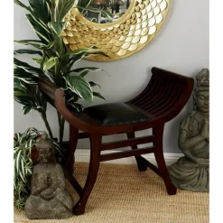 Kirkland's Home Benches & Ottomans-Grommet Leather And Mahogany Ottoman