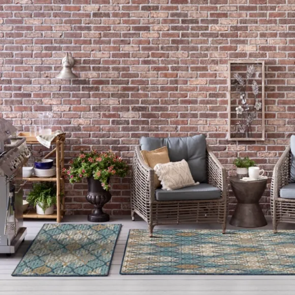 Kirkland's Home Outdoor Rugs-Ikat Scrolling Indigo Outdoor Area Rug, 5X7