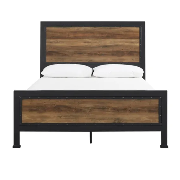 Kirkland's Home Beds & Headboards-Industrial Rustic Oak Queen Bed With Metal Frame