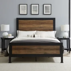 Kirkland's Home Beds & Headboards-Industrial Rustic Oak Queen Bed With Metal Frame