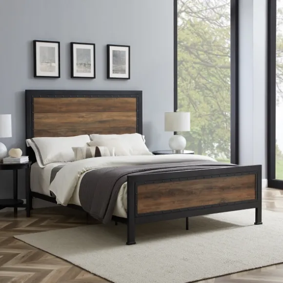 Kirkland's Home Beds & Headboards-Industrial Rustic Oak Queen Bed With Metal Frame