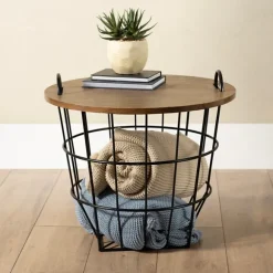 Kirkland's Home Accent & End Tables-Industrial Wire And Wood Basket Side Table