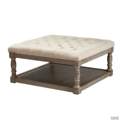 Kirkland's Home Benches & Ottomans-Ivory Linen Low Base Tufted Ottoman