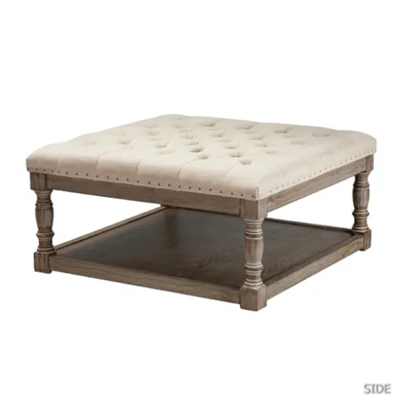 Kirkland's Home Benches & Ottomans-Ivory Linen Low Base Tufted Ottoman