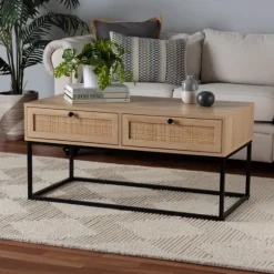 Kirkland's Home Coffee Tables-Light Wood And Rat 2-Drawer Coffee Table