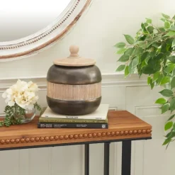 Kirkland's Home Decorative Bowls & Jars-Mahogany Wood And Metal Jar With Lid, 11 In.