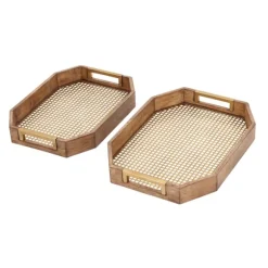 Kirkland's Home Decorative Trays-Mahogany Wood Grid Mesh Decorative Trays, Set Of 2